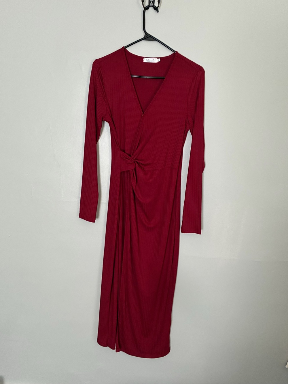 Shibever Ribbed Twist-Knot Long Sleeve Dress in Deep Red women’s M
